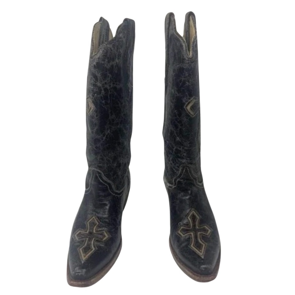 Corral Vintage Womens Western Cowboy Boots Black Leather Mid Calf Cross 7.5 M